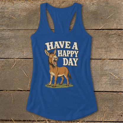 Blue tank top with a happy donkey and text that reads "Have a Happy Day".