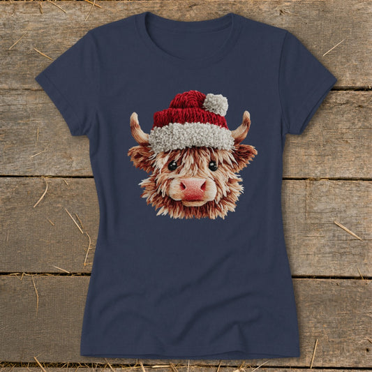 Navy t-shirt with embroidered Highland cow wearing a Santa hat.
