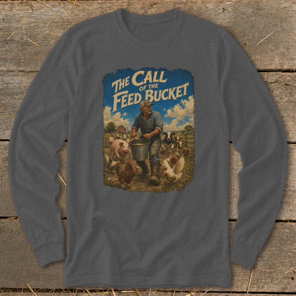 Farmer feeding pigs, chickens, and cows with text "The Call of the Feed Bucket".