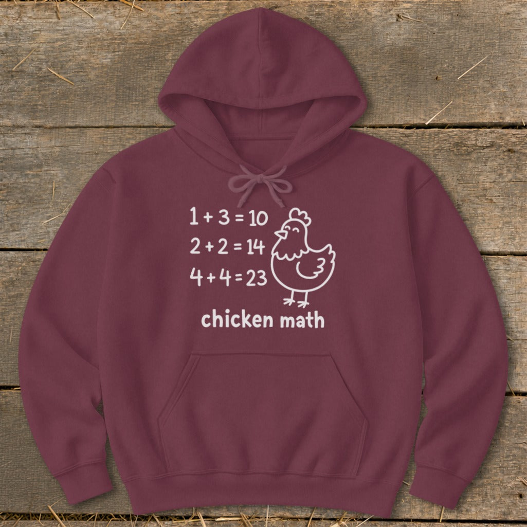Maroon hoodie with "chicken math" and incorrect math equations with a chicken graphic.