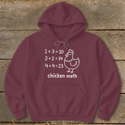 Maroon hoodie with "chicken math" and incorrect math equations with a chicken graphic.