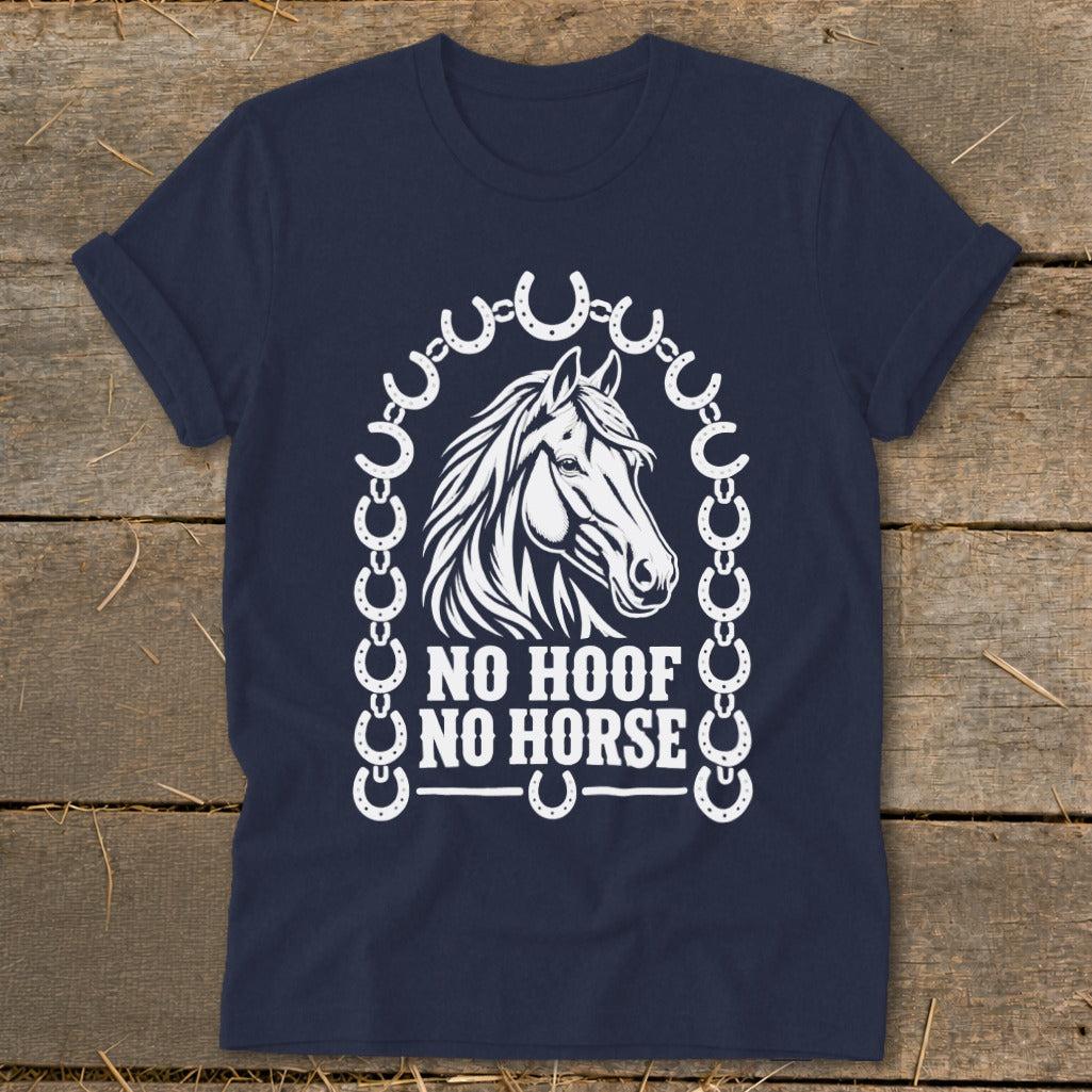 Navy t-shirt with white horse head graphic and text "NO HOOF NO HORSE".
