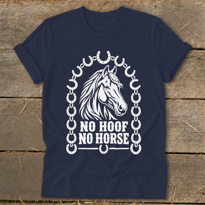 Navy t-shirt with white horse head graphic and text "NO HOOF NO HORSE".