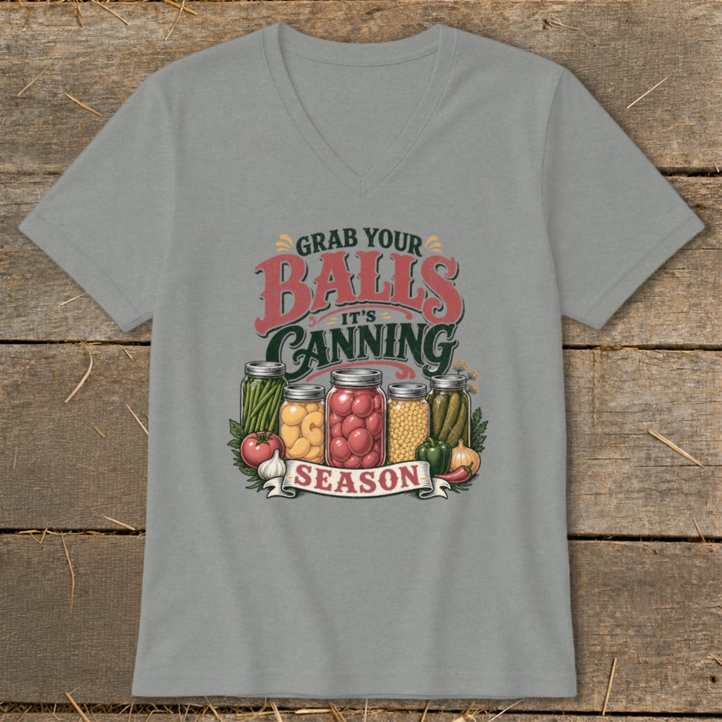 Grey t-shirt with "Grab Your Balls It's Canning Season" text and jars of pickled vegetables.