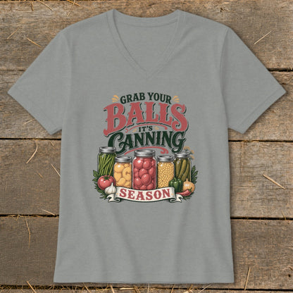 Grey t-shirt with "Grab Your Balls It's Canning Season" text and jars of pickled vegetables.