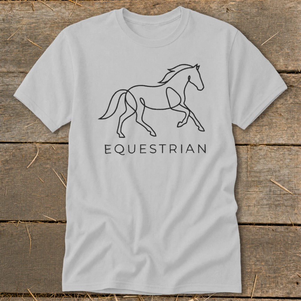 Light grey t-shirt with black line art of a galloping horse and "EQUESTRIAN" text.