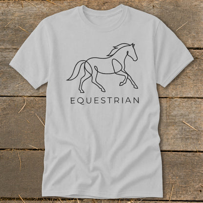 Light grey t-shirt with black line art of a galloping horse and "EQUESTRIAN" text.