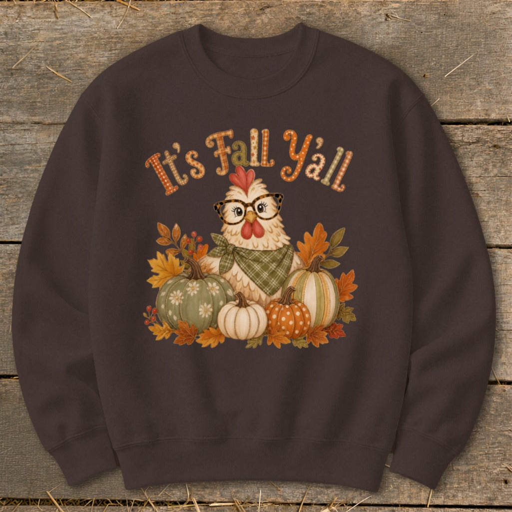 Brown sweatshirt with a chicken, pumpkins, and "It's Fall Y'all" text.