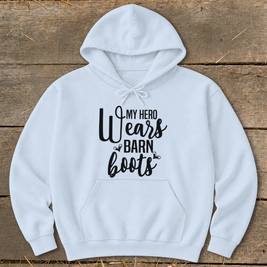 White hoodie with text "My Hero Wears Barn Boots".