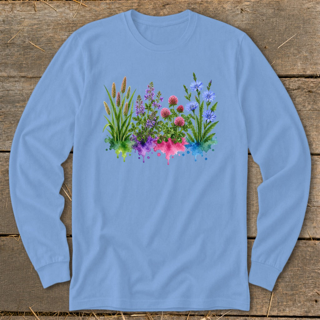 Light blue long-sleeve t-shirt with a colorful botanical watercolor print across the chest.