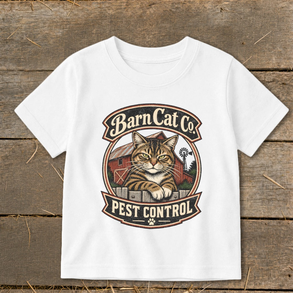 A white t-shirt featuring a graphic of a tabby cat behind a fence with a barn, reading Barn Cat Co. Pest Control.