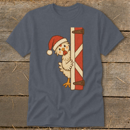 Cartoon chicken wearing a Santa hat peeking around a barn door.