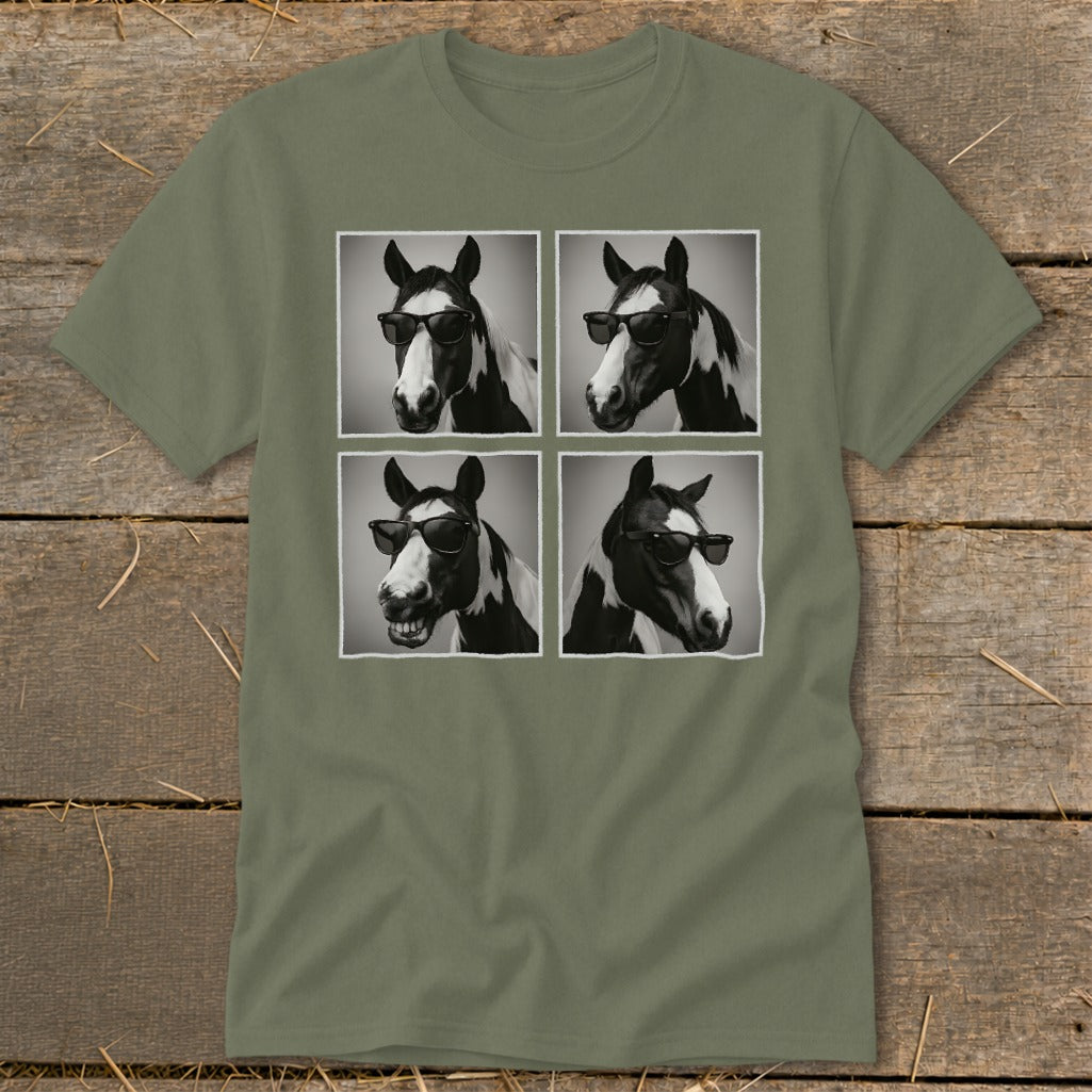 Four black and white portraits of a pinto horse wearing sunglasses.