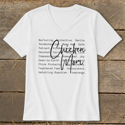White v-neck t-shirt with "Chicken Mom" in script over list of descriptive words.