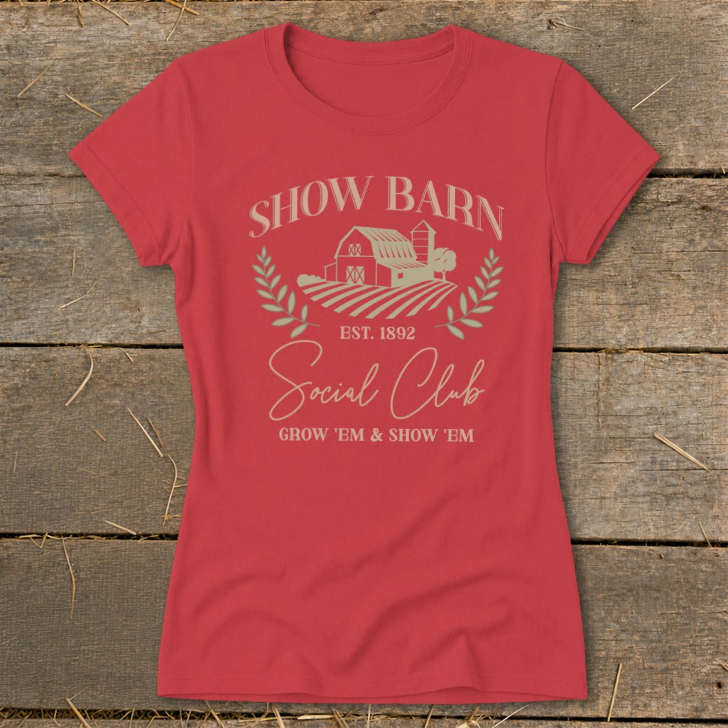 Show Barn Social Club t-shirt with barn, fields, and text.