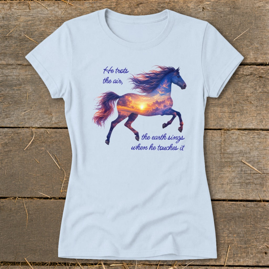 A light blue t-shirt with a graphic of a galloping horse filled with a sunset sky and inspirational text.
