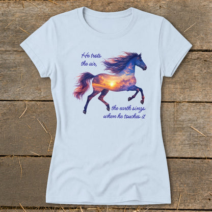 A light blue t-shirt with a graphic of a galloping horse filled with a sunset sky and inspirational text.