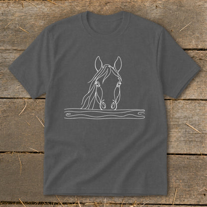 Dark grey t-shirt with a white outline drawing of a horse's head.