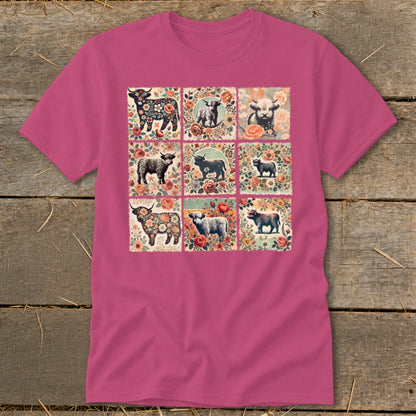 Pink t-shirt with a nine-panel print featuring Highland cows and floral designs.