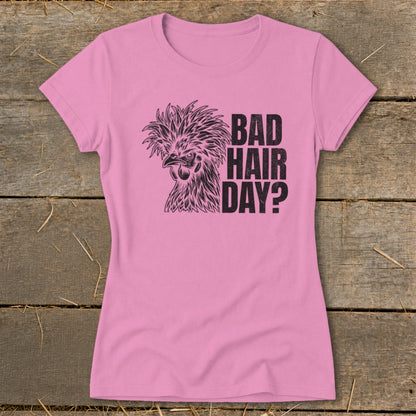 Pink t-shirt with black graphic of a crested chicken and text "BAD HAIR DAY?".