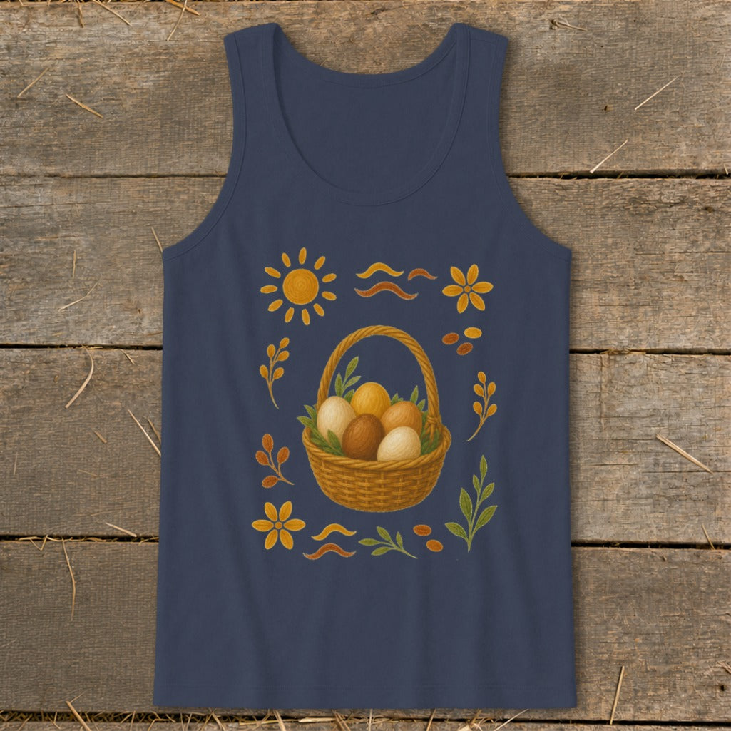 Navy tank top with a basket of eggs and spring motifs.