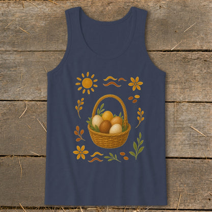 Navy tank top with a basket of eggs and spring motifs.
