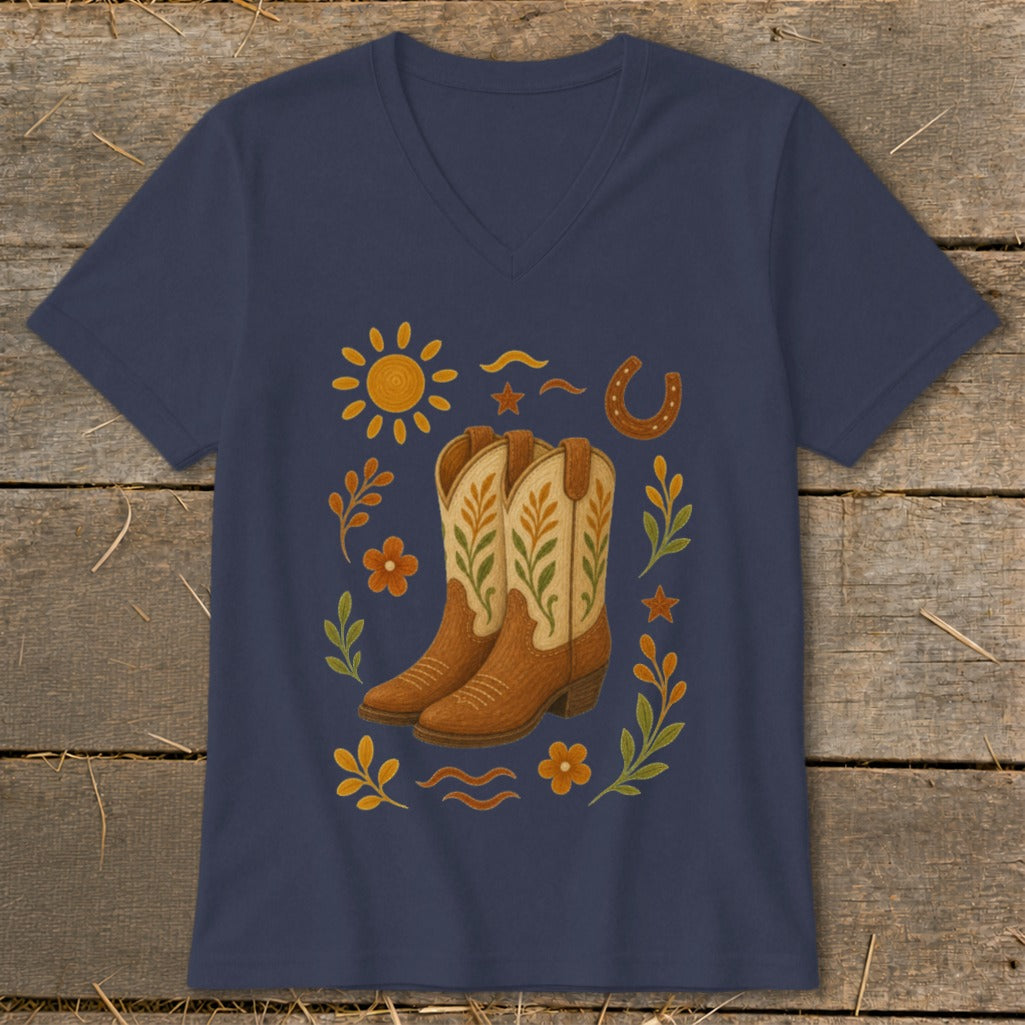 Navy v-neck t-shirt with cowboy boots, sun, horseshoe, and floral design.