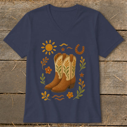 Navy v-neck t-shirt with cowboy boots, sun, horseshoe, and floral design.