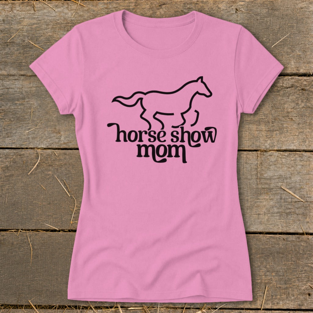 Pink t-shirt with black horse silhouette and text "horse show mom".
