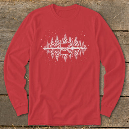 Red long-sleeve shirt with white pine trees and an axe graphic.