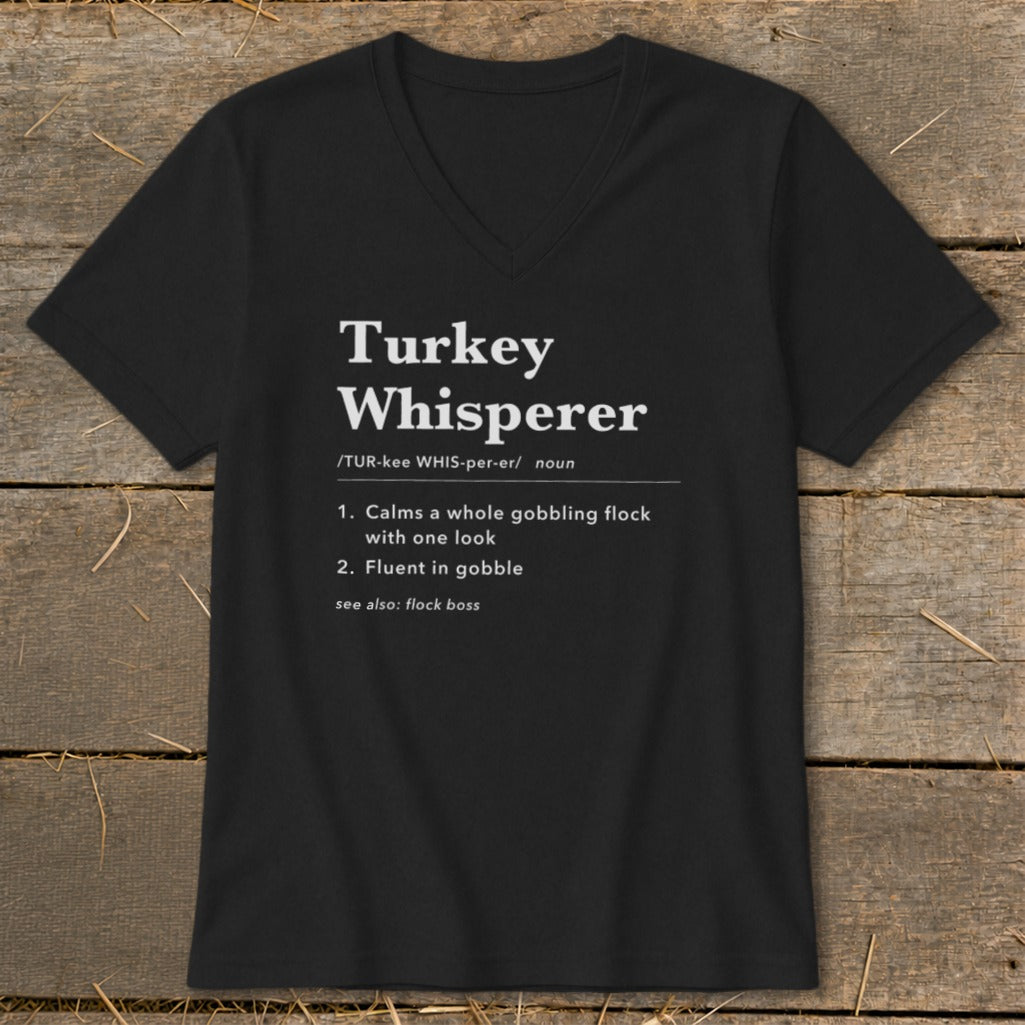 Black t-shirt with "Turkey Whisperer" definition in white text.