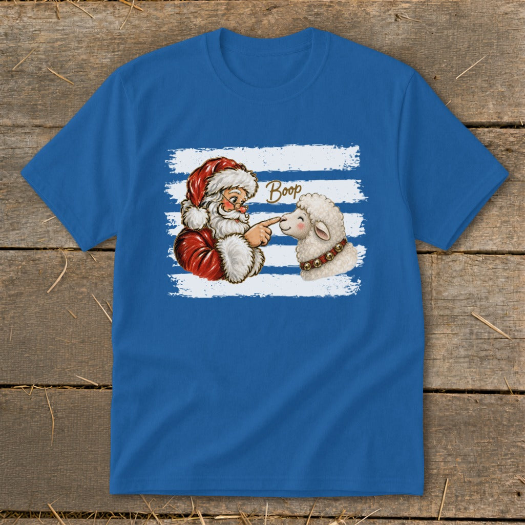 Santa boops a sheep on the nose, with "Boop" written in text.