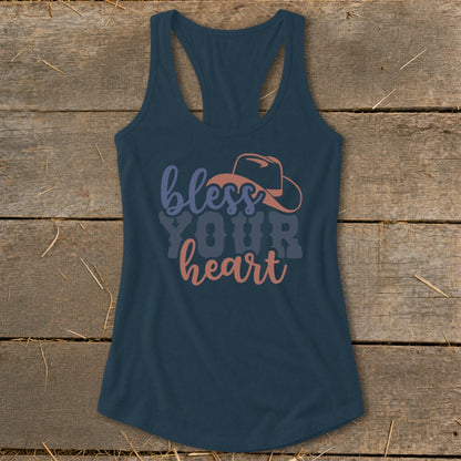 Navy tank top with "bless YOUR heart" text and cowboy hat graphic.