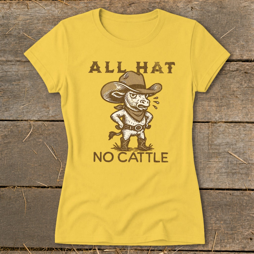 Yellow t-shirt with a cartoon bull wearing a cowboy hat and bandana, with text "ALL HAT NO CATTLE".