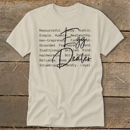 Cream t-shirt with list of words and "Egg Dealer" text.