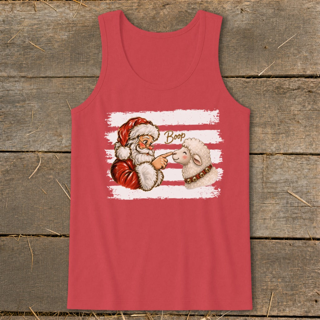 Santa booping a sheep with the word "Boop" above on a red tank top.