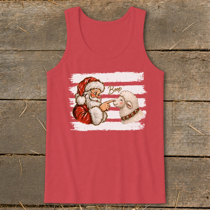 Santa booping a sheep with the word "Boop" above on a red tank top.