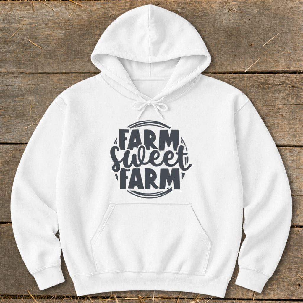 White hoodie with "Farm Sweet Farm" text design.