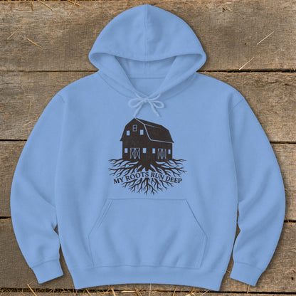 Light blue hoodie with barn and roots graphic, text "MY ROOTS RUN DEEP".
