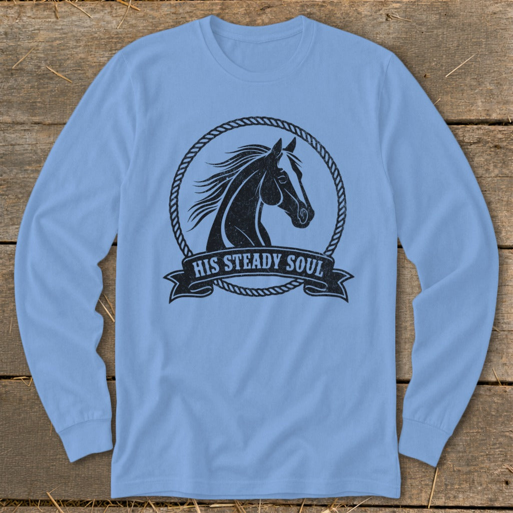 Light blue long-sleeve shirt with horse graphic and "HIS STEADY SOUL" text.