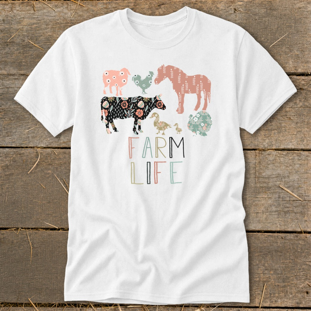 White t-shirt with farm animals and the words "Farm Life".
