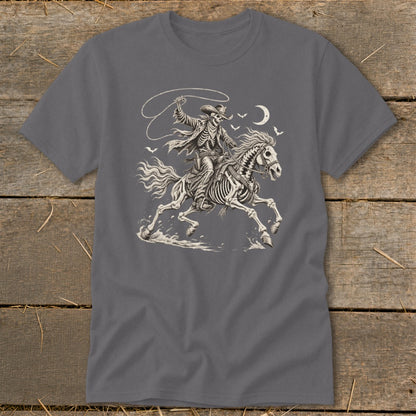 Skeleton cowboy on horseback with a lasso under a crescent moon.