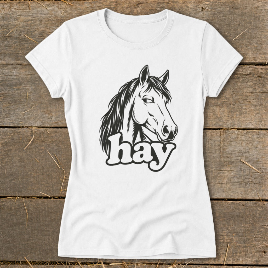 White t-shirt with a black outline of a horse's head and the word "hay".