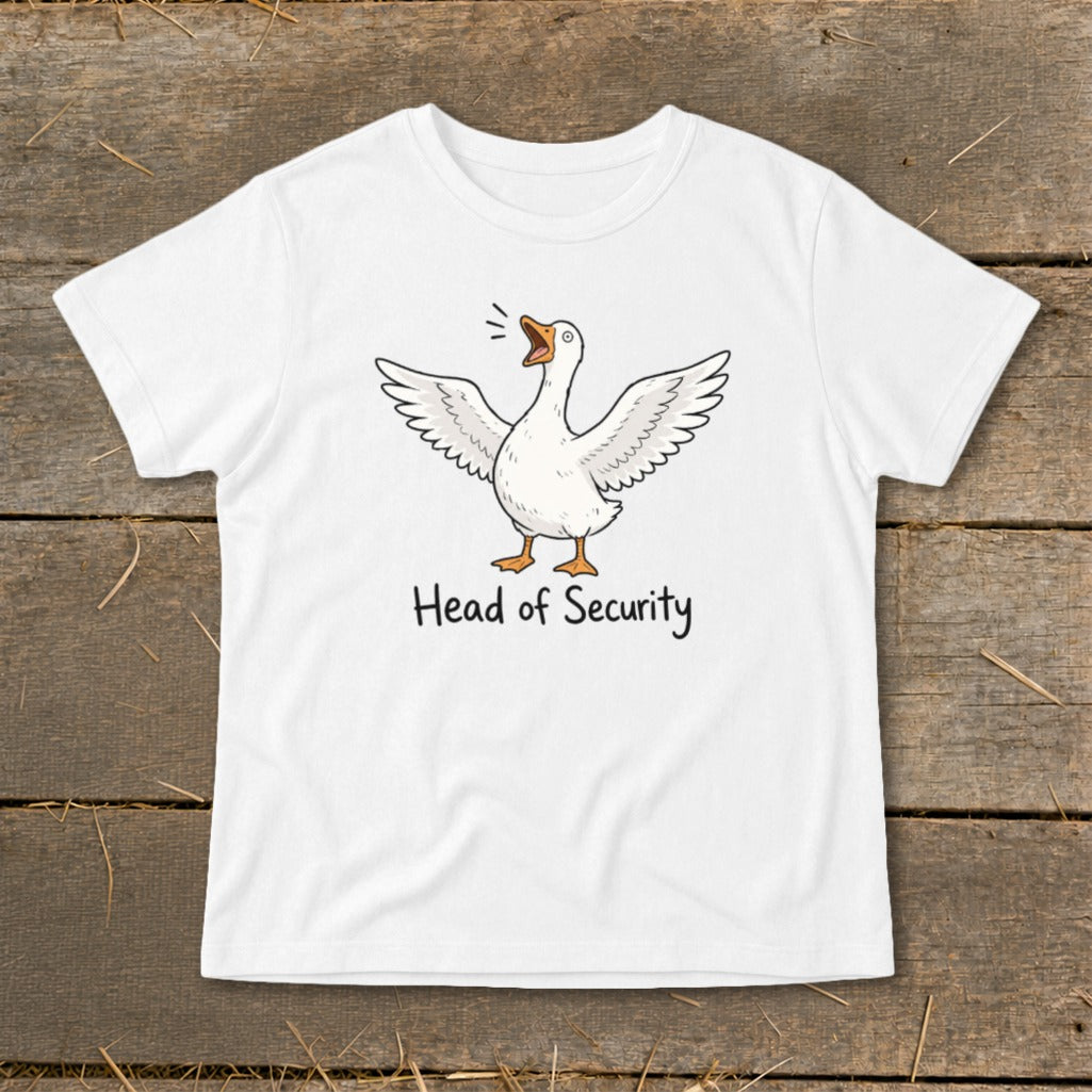 White t-shirt with cartoon goose and text "Head of Security."