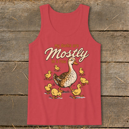 Red tank top with a drawing of a mother duck and several ducklings, and text "my ducks are Mostly in a row".
