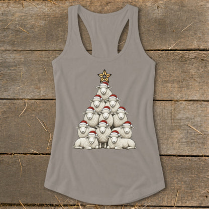 Tank top with sheep arranged as a Christmas tree, topped with a star.