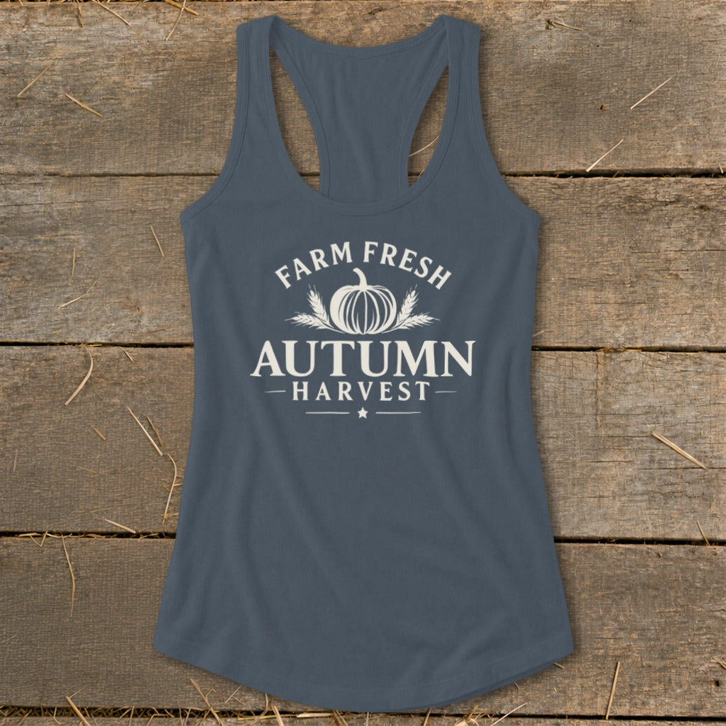 Blue tank top with "Farm Fresh Autumn Harvest" text and pumpkin graphic.