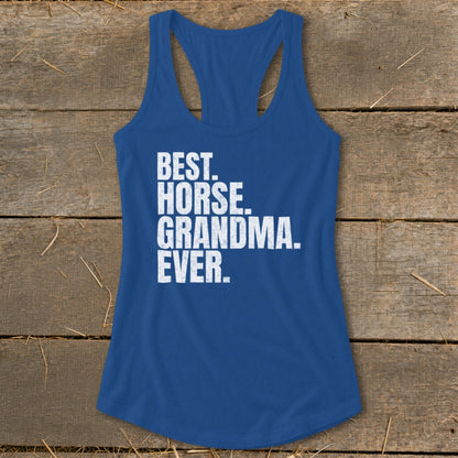 Blue tank top with white text "BEST. HORSE. GRANDMA. EVER."