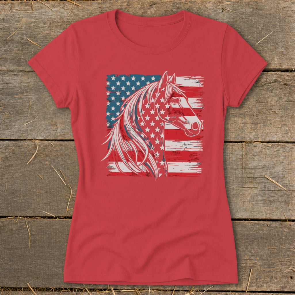 Red t-shirt with a distressed American flag horse graphic on the chest.