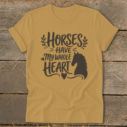 Mustard t-shirt with "Horses Have My Whole Heart" graphic and horse silhouette.